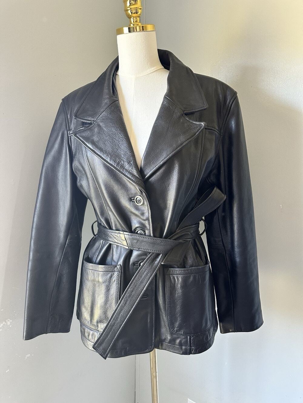 Vintage Wilsons Leather Black Leather Belted Biker Jacket Large